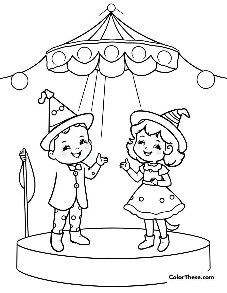 Free printable circus fun coloring page for kids and adults - A adorable circus performers putting on a sweet show.