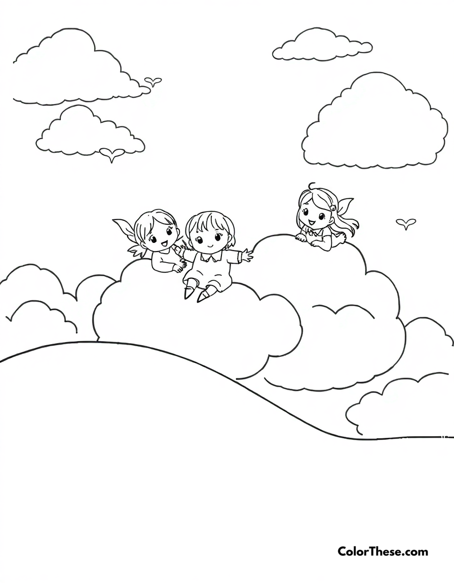 Free printable cloud friends coloring page for kids and adults - A sweet characters playing on fluffy clouds in the sky.