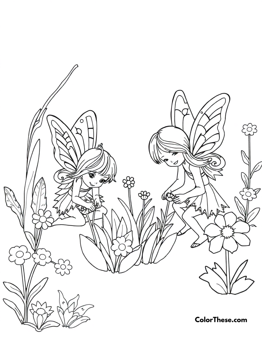 Free printable fairy garden coloring page for kids and adults - A tiny fairy friends tending to their magical garden.