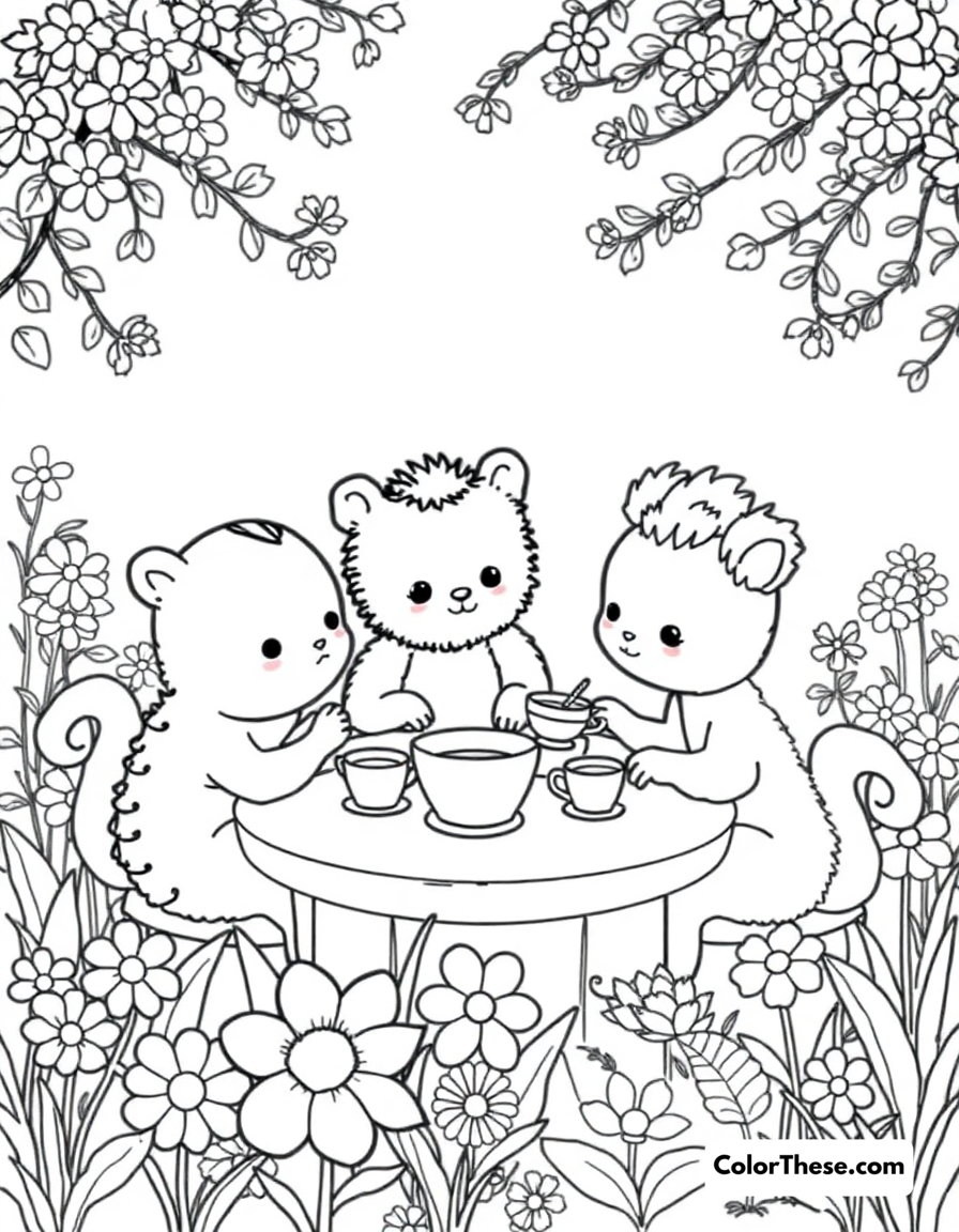 Free printable garden party coloring page for kids and adults - A cute creatures having a tea party in a flower garden.