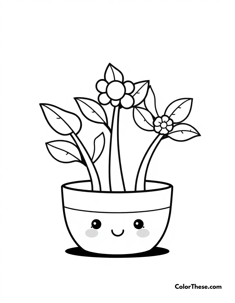 Free printable happy plants coloring page for kids and adults - A kawaii potted plants with sweet smiling faces.