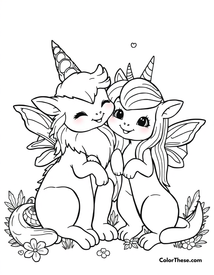 Free printable magical friends coloring page for kids and adults - A adorable magical creatures having fun together.