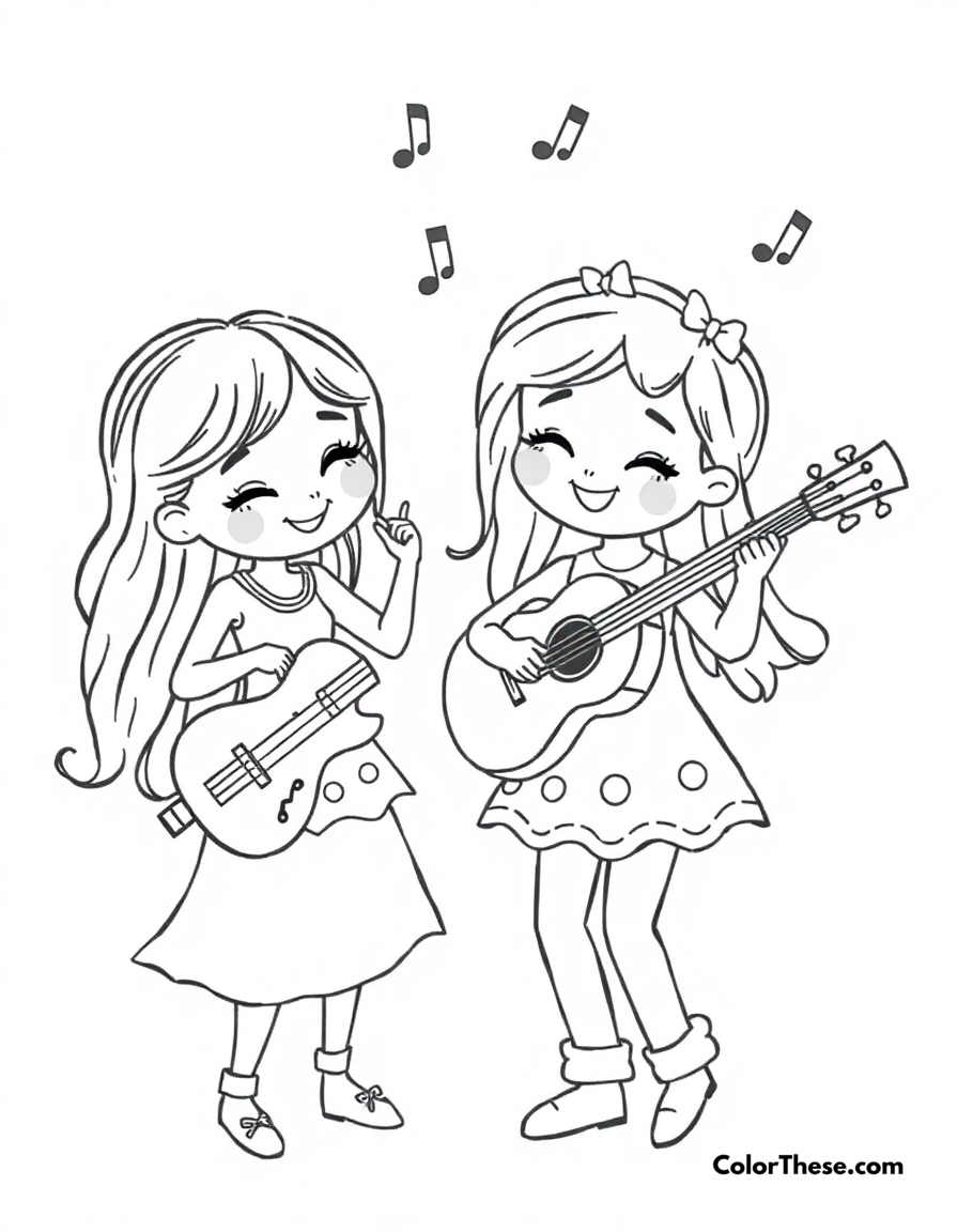 Free printable music friends coloring page for kids and adults - A sweet characters playing music and dancing together.