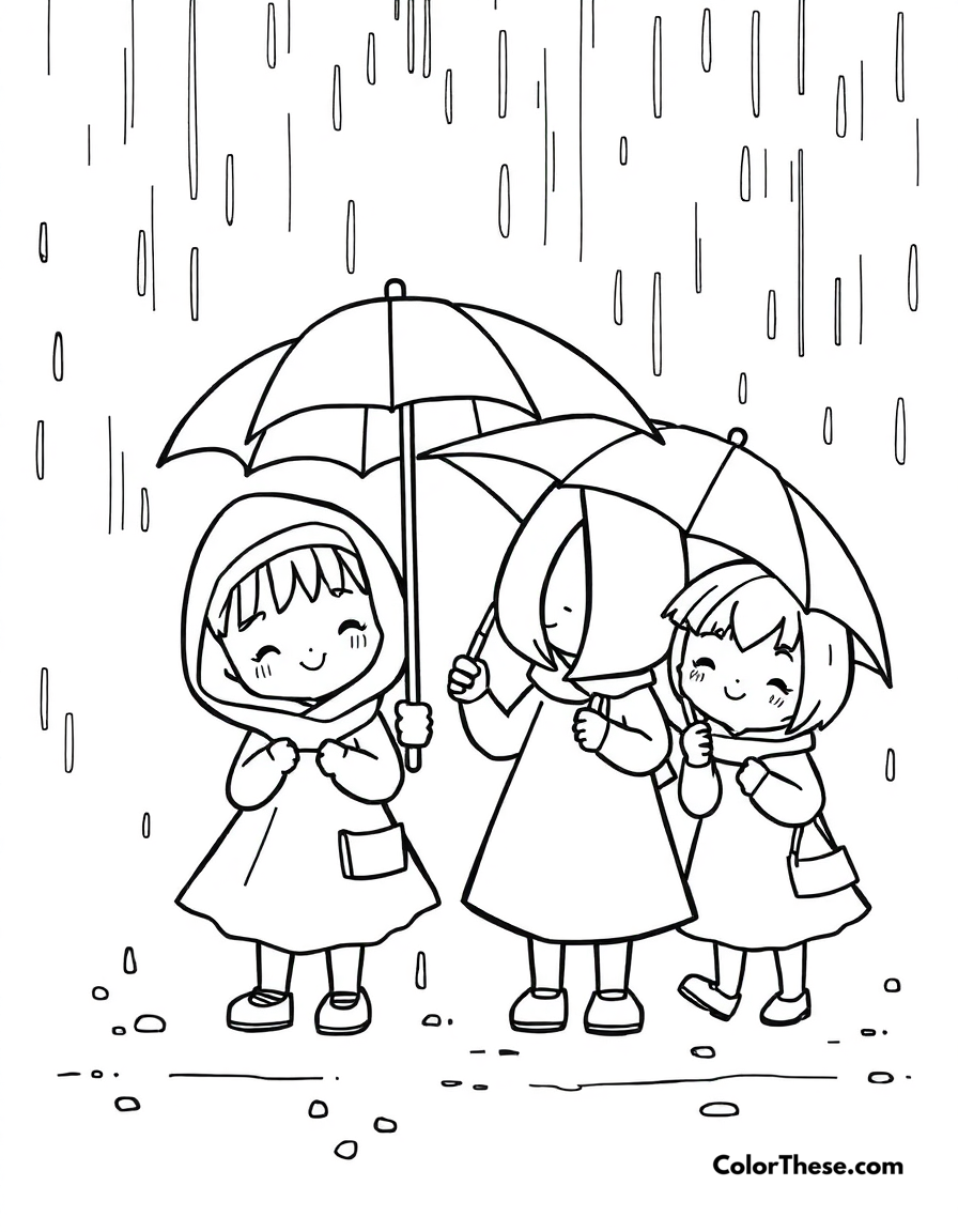 Free printable rainy day cuties coloring page for kids and adults - A adorable characters enjoying a rainy day with umbrellas.