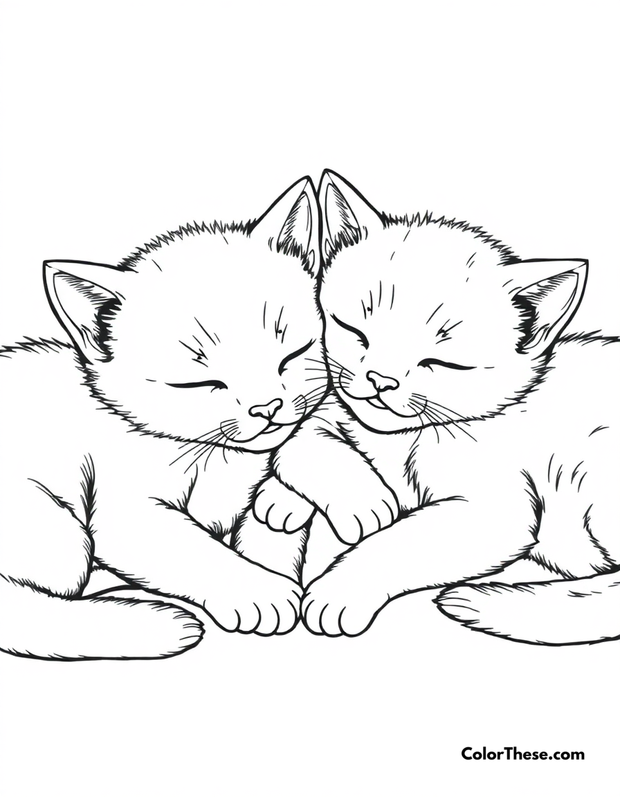 Free printable sleepy kitties coloring page for kids and adults - A adorable kittens taking a cozy nap together.