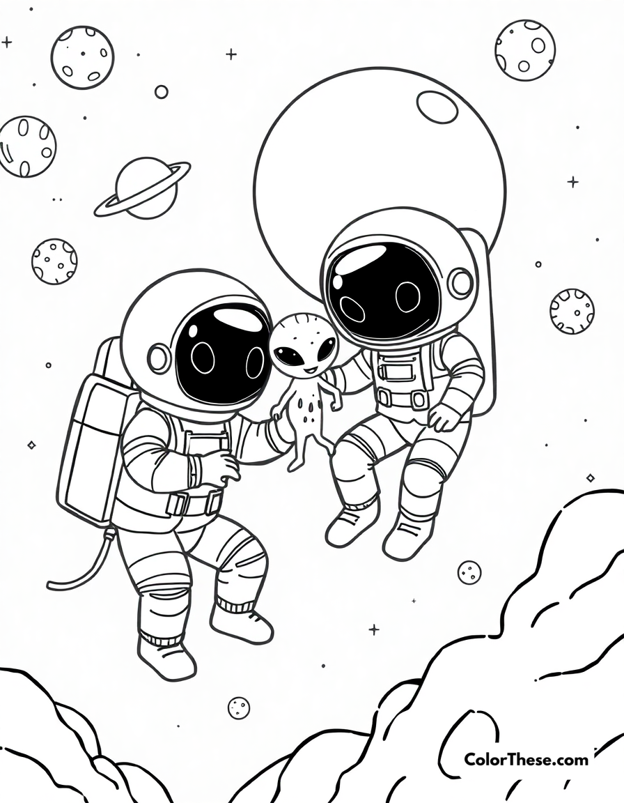 Free printable space cuties coloring page for kids and adults - A adorable astronauts and aliens exploring space together.