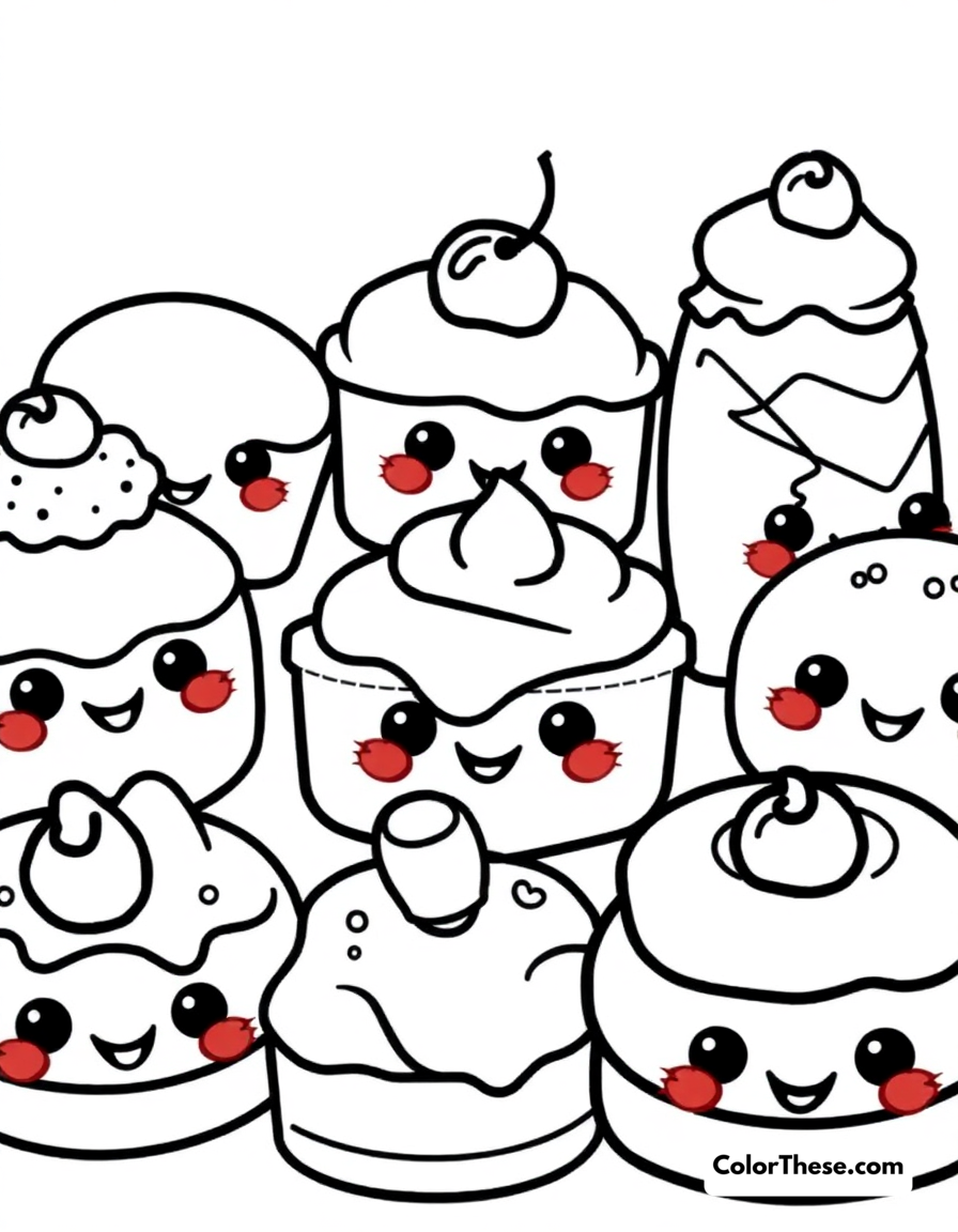 Free printable sweet desserts coloring page for kids and adults - A a collection of kawaii desserts with happy faces.