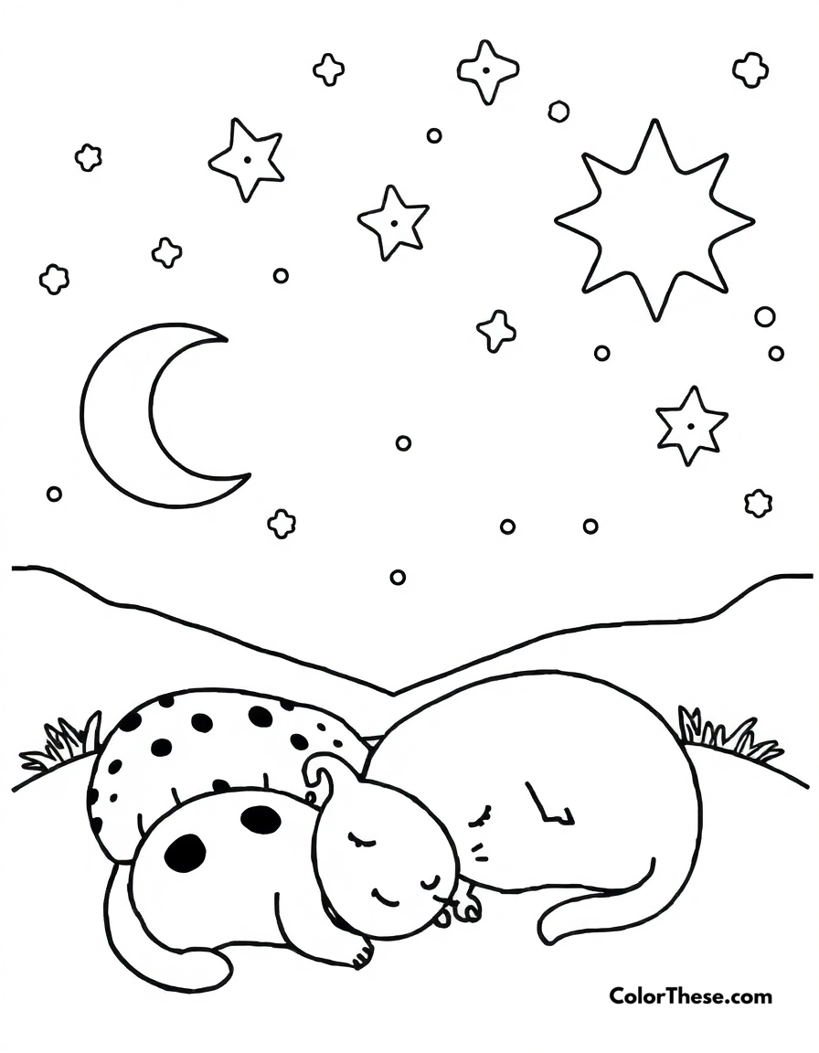 Free printable sweet dreams coloring page for kids and adults - A adorable sleeping creatures under a starry sky.