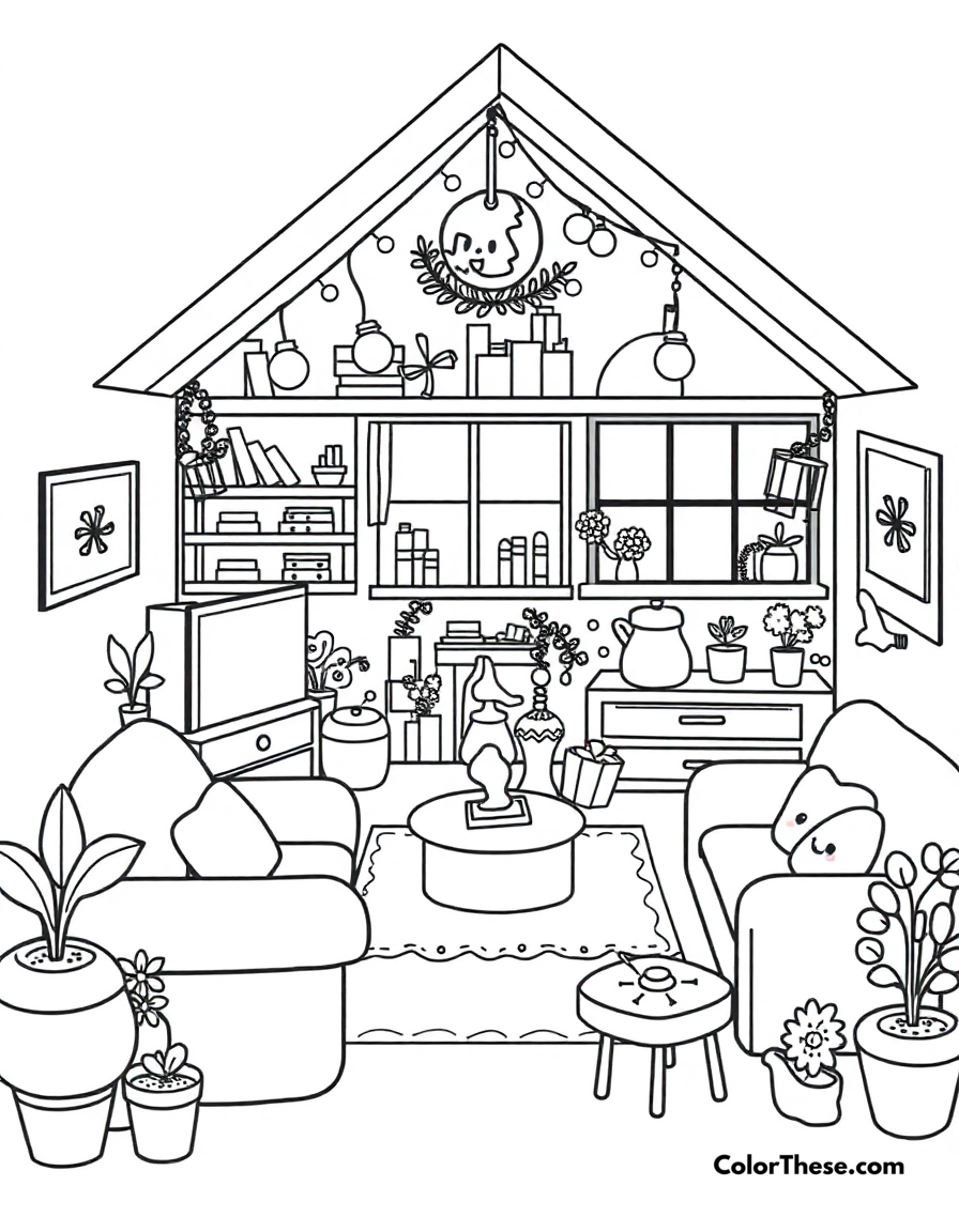 Free printable sweet home coloring page for kids and adults - A a cozy house filled with kawaii furniture and decorations.