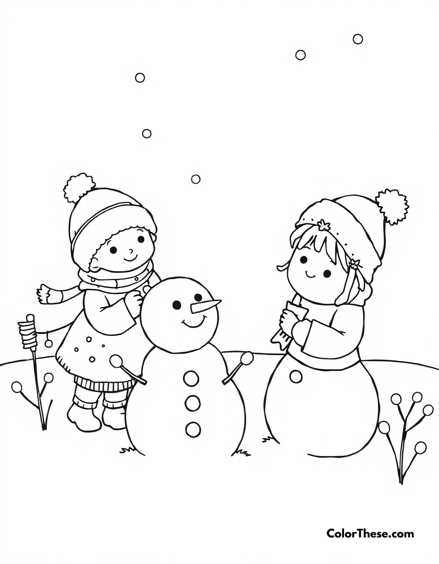 Free printable winter wonderland coloring page for kids and adults - A sweet characters playing in the snow and making snowmen.