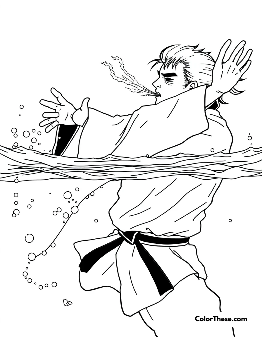 Free printable giyu's water breathing coloring page for kids and adults - A giyu tomioka executing precise water breathing techniques.