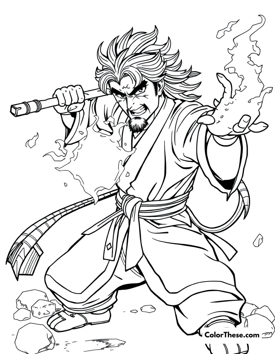 Free printable gyomei's stone breathing coloring page for kids and adults - A gyomei himejima wielding his stone breathing techniques.