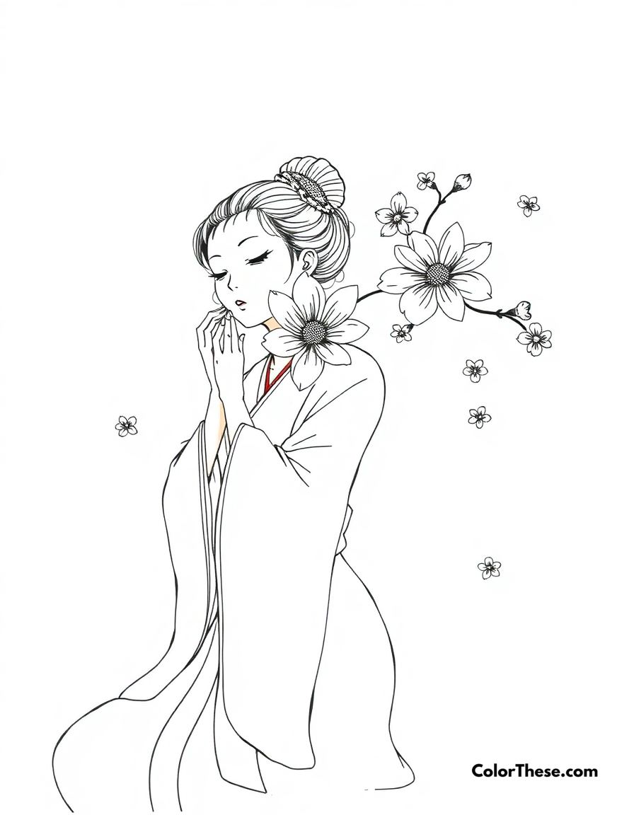 Free printable kanao's flower breathing coloring page for kids and adults - A kanao performing her refined flower breathing technique.