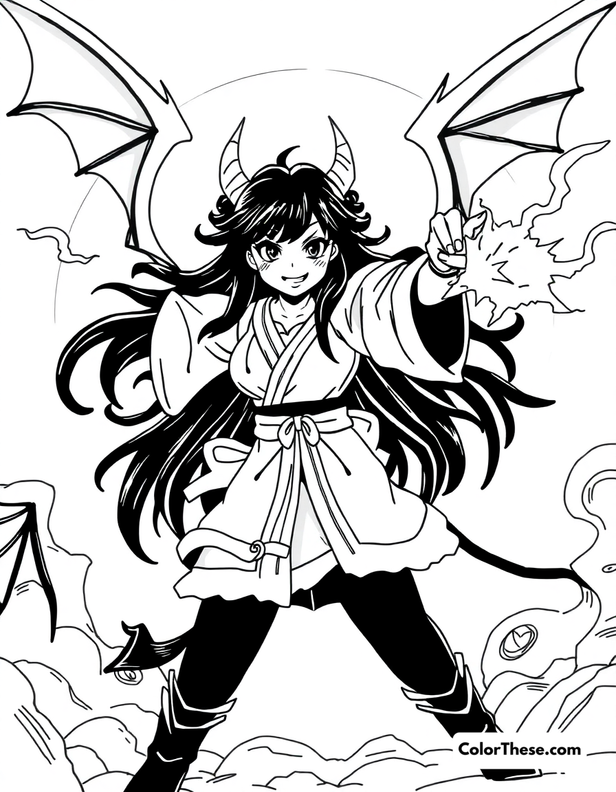 Free printable nezuko unleashed coloring page for kids and adults - A nezuko displaying her demon powers while protecting others.