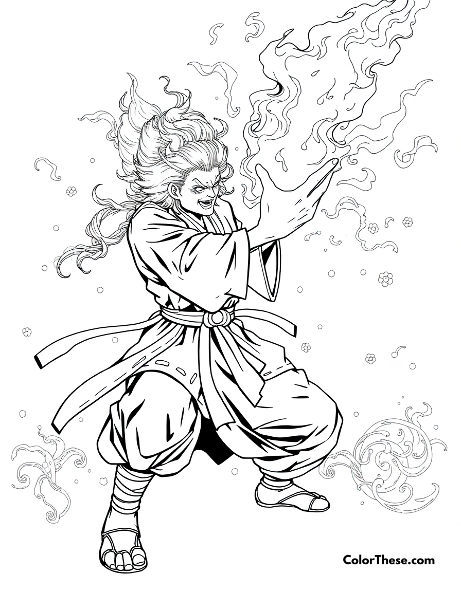 Free printable rengoku's flame breathing coloring page for kids and adults - A kyojuro rengoku demonstrating the power of flame breathing.