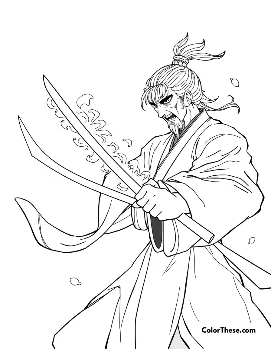 Free printable tengen's sound breathing coloring page for kids and adults - A tengen uzui demonstrating sound breathing with his dual blades.