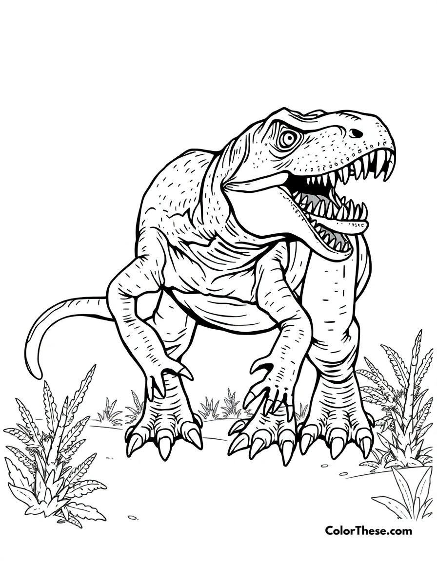 Free printable fierce allosaurus coloring page for kids and adults - A an allosaurus showing its powerful hunting abilities.