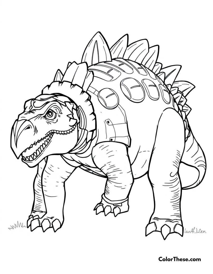 Free printable armored ankylosaurus coloring page for kids and adults - A a heavily armored ankylosaurus with its powerful tail club.