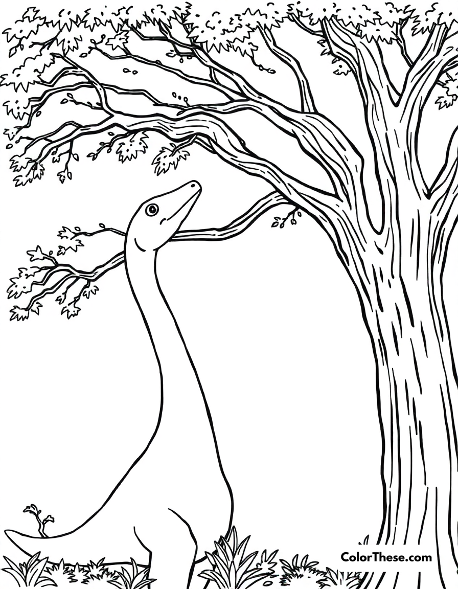 Free printable gentle brachiosaurus coloring page for kids and adults - A a peaceful brachiosaurus reaching for tall tree branches.