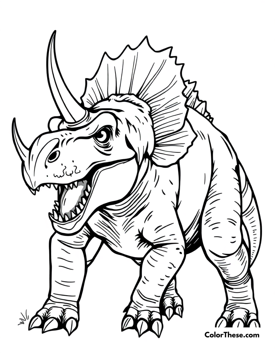 Free printable spiked carnotaurus coloring page for kids and adults - A a horned carnotaurus showing its unique predatory features.