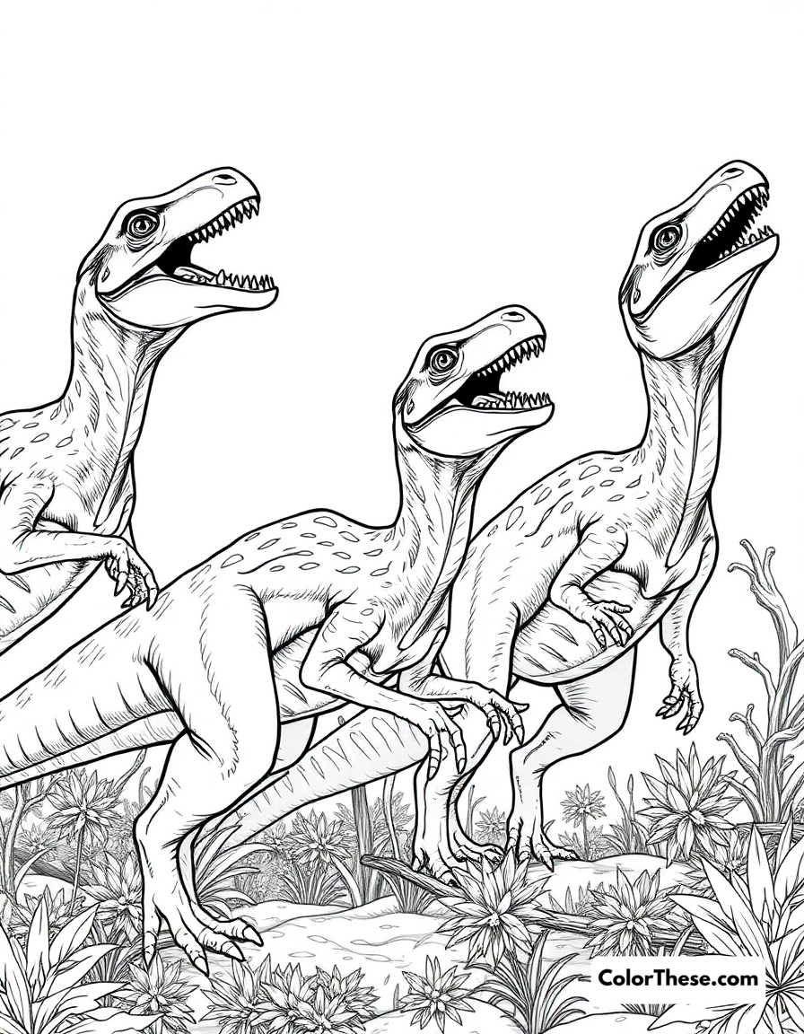 Free printable pack hunting deinonychus coloring page for kids and adults - A a group of deinonychus showing their pack hunting behavior.