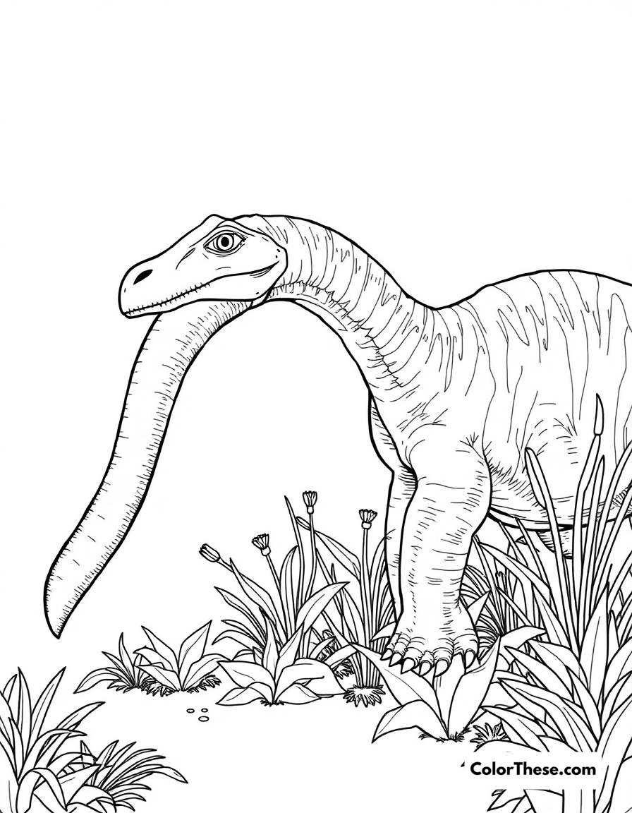 Free printable plated diplodocus coloring page for kids and adults - A a long-necked diplodocus grazing on prehistoric plants.