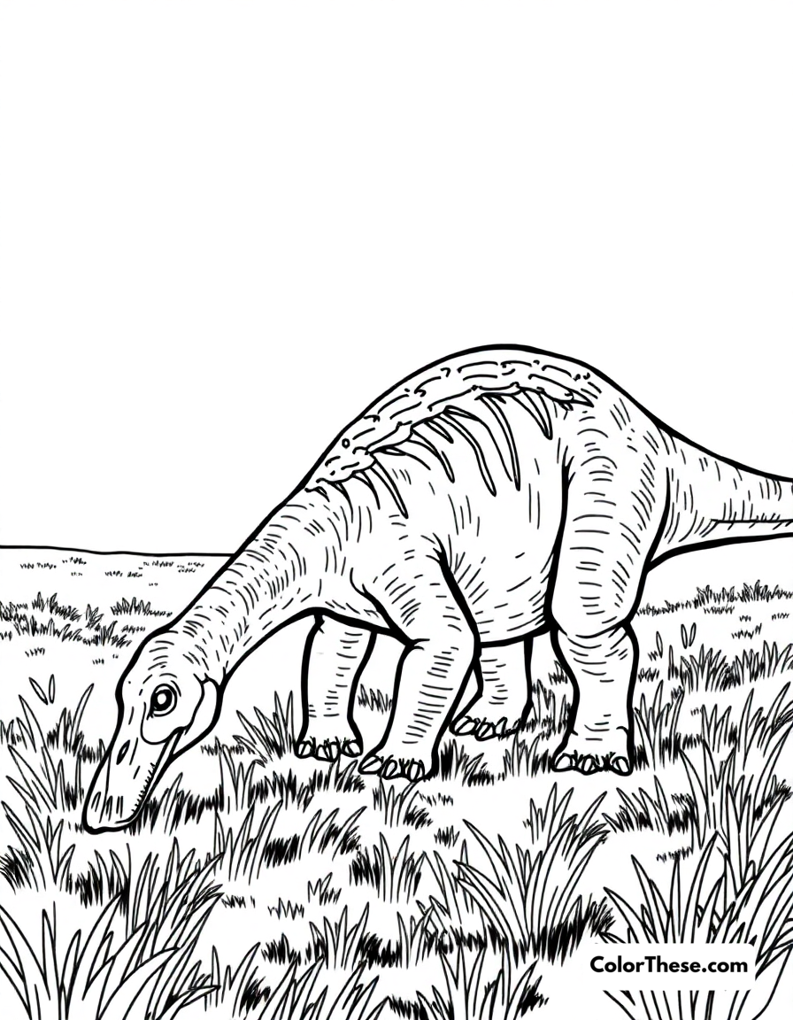 Free printable plated edmontosaurus coloring page for kids and adults - A a duck-billed edmontosaurus grazing in a prehistoric field.