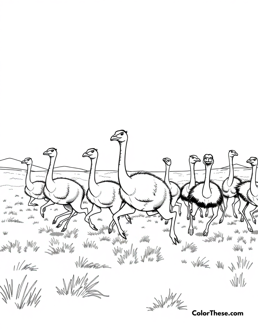 Free printable swift gallimimus coloring page for kids and adults - A a herd of swift gallimimus running across the plains.