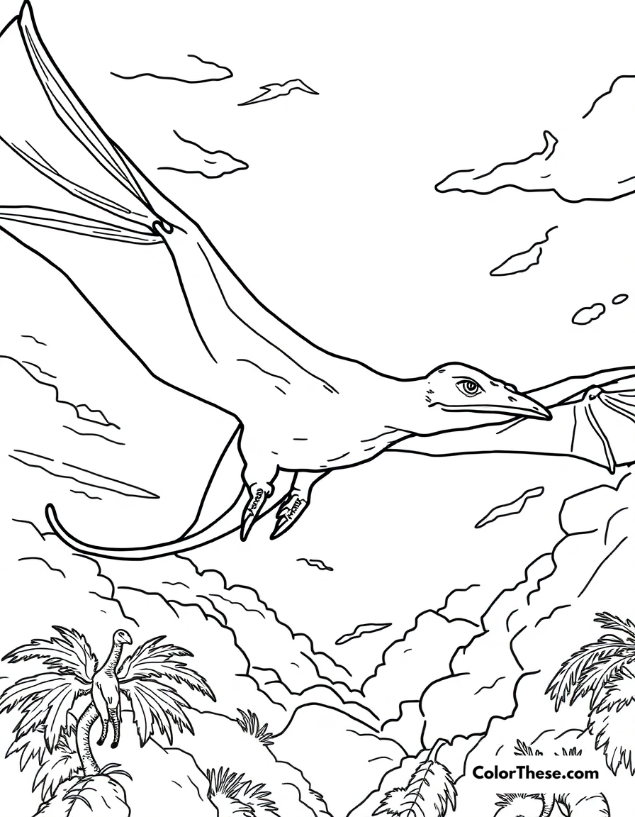 Free printable flying pterodactyl coloring page for kids and adults - A a pterodactyl soaring through prehistoric skies.