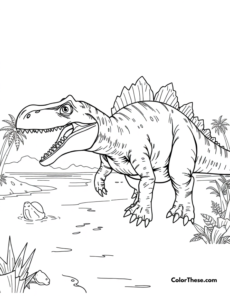 Free printable spiny spinosaurus coloring page for kids and adults - A a massive spinosaurus hunting near prehistoric waters.