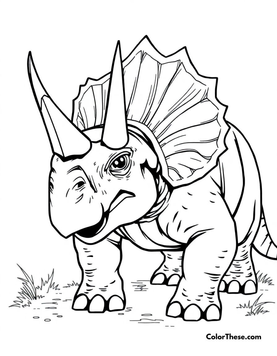 Free printable horned triceratops coloring page for kids and adults - A a powerful triceratops showing its three-horned defense.