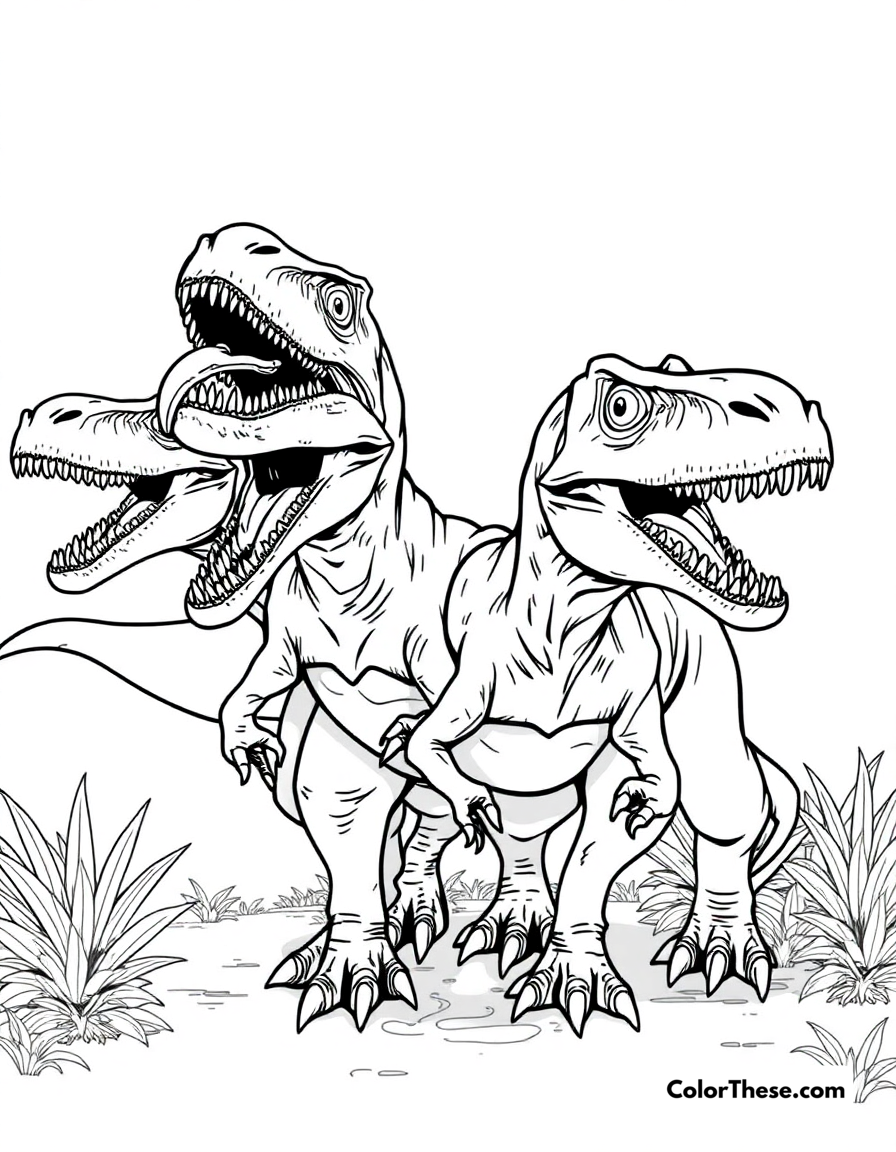 Free printable velociraptor pack coloring page for kids and adults - A a group of clever velociraptors hunting together.