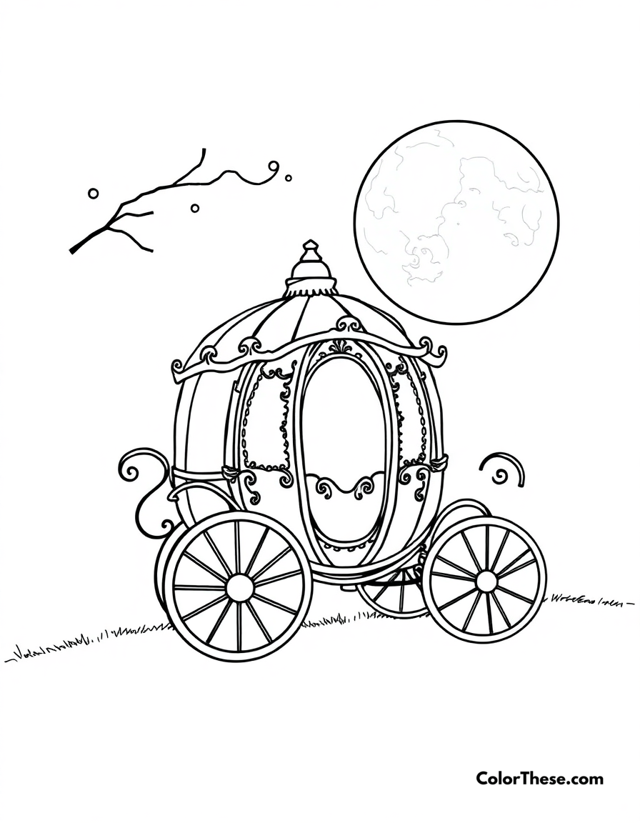 Free printable cinderella’s pumpkin carriage coloring page for kids and adults - A cinderella’s (disney) pumpkin carriage under a full moon.