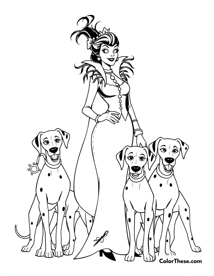 Free printable cruella de vil with her dalmatians coloring page for kids and adults - A cruella de vil (disney) standing with her dalmatians.