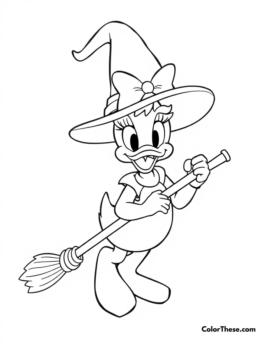 Free printable daisy duck as a witch coloring page for kids and adults - A daisy duck (disney) wearing a witch hat and holding a broomstick.