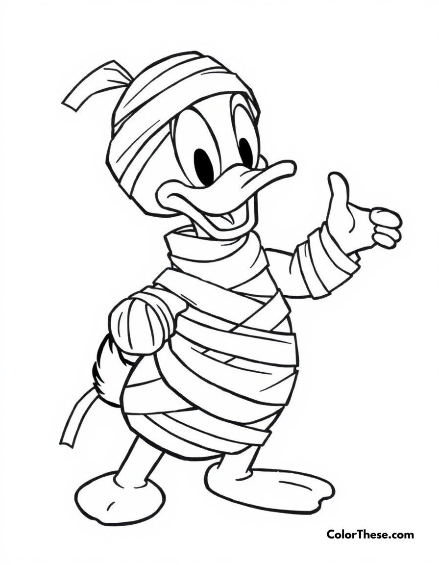 Free printable donald duck as a mummy coloring page for kids and adults - A donald duck (disney) wrapped in bandages like a mummy.