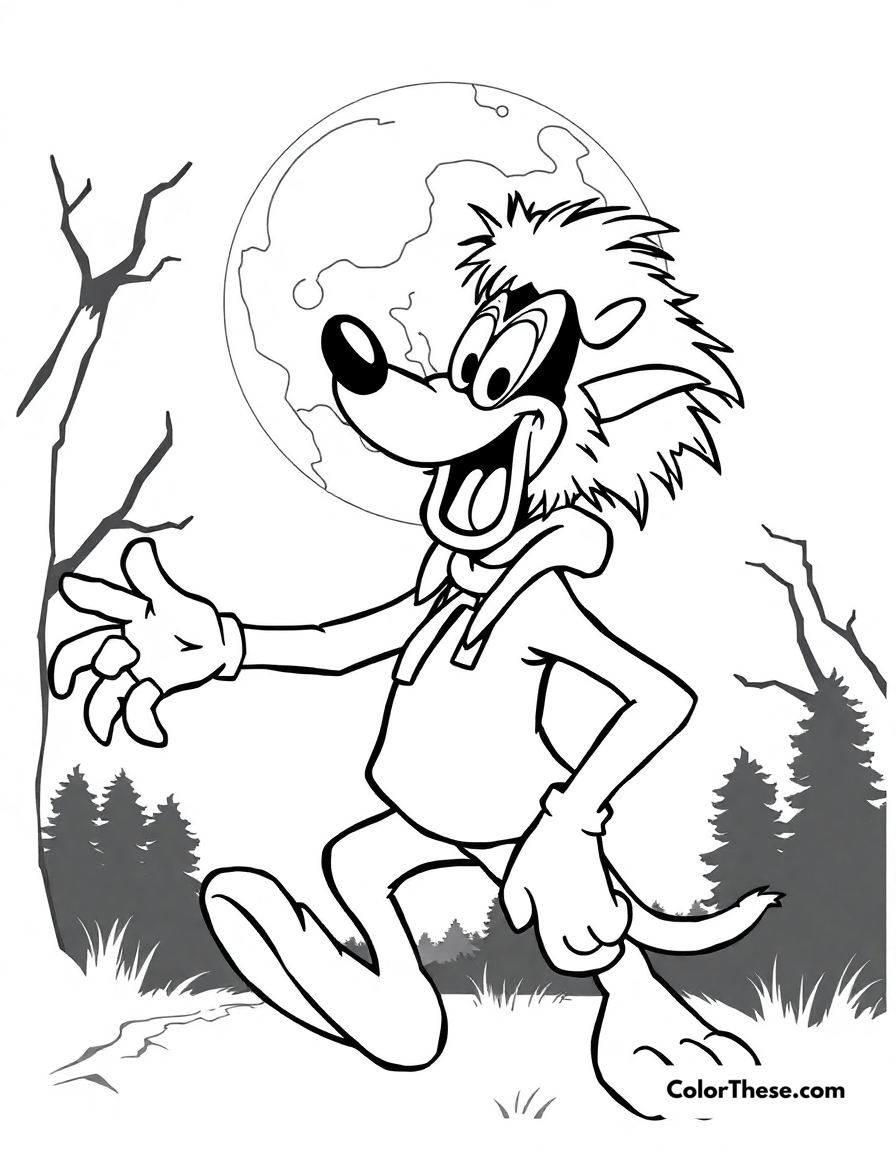 Free printable goofy as a werewolf coloring page for kids and adults - A goofy (disney) dressed as a werewolf under a full moon.