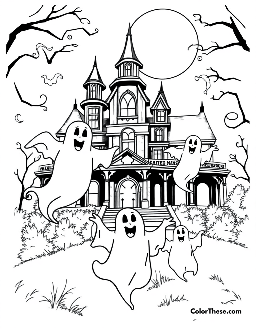 Free printable the haunted mansion ghosts coloring page for kids and adults - A the haunted mansion ghosts (disney) floating in the air.