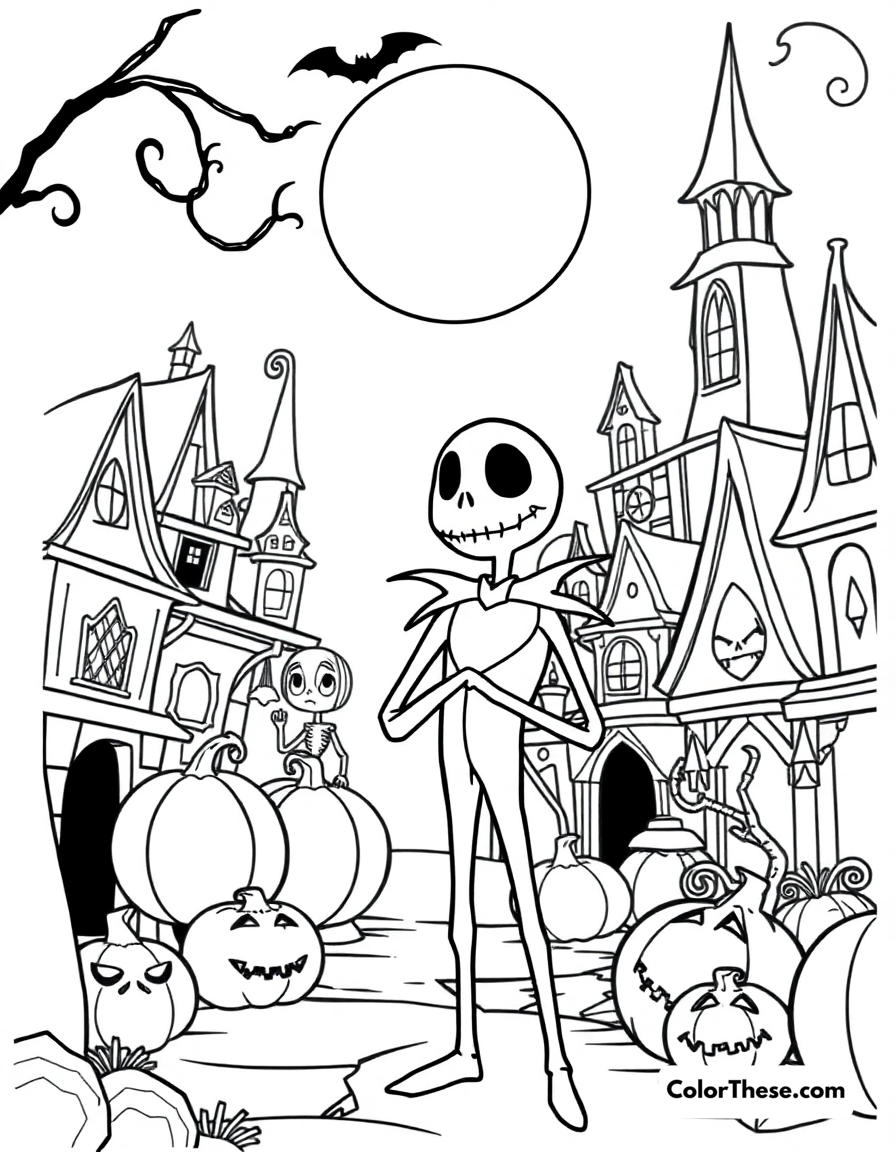 Free printable jack skellington in halloween town coloring page for kids and adults - A jack skellington (disney) standing in halloween town.