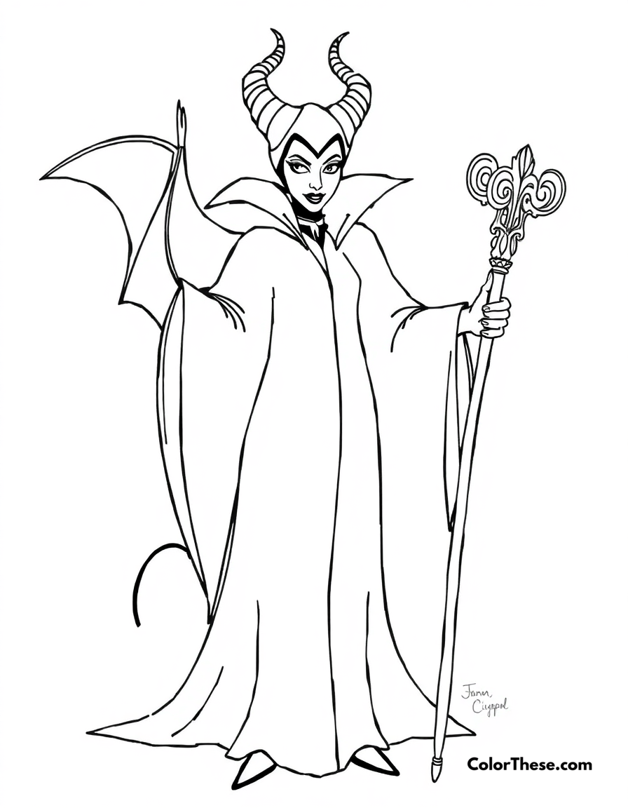 Free printable maleficent in her dark robes coloring page for kids and adults - A maleficent (disney) standing in her dark robes with her staff.