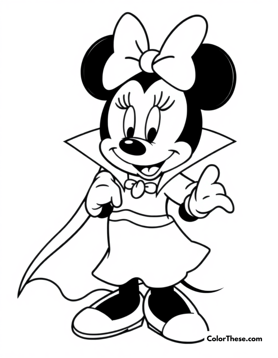 Free printable minnie mouse as a vampire coloring page for kids and adults - A minnie mouse (disney) dressed as a vampire with a flowing cape.