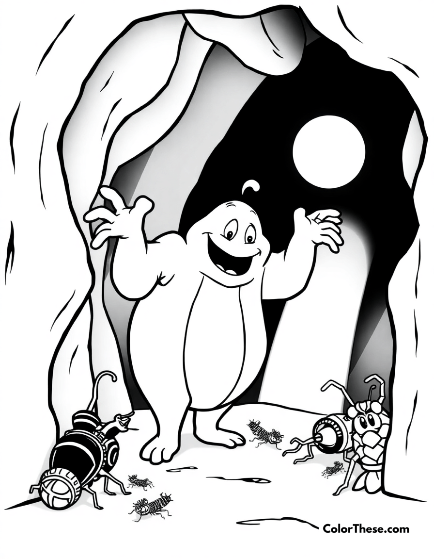 Free printable oogie boogie in his lair coloring page for kids and adults - A oogie boogie (disney) standing in his lair with bugs crawling around.