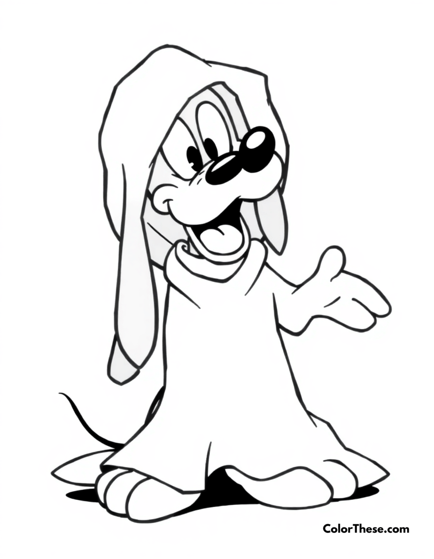 Free printable pluto in a ghost costume coloring page for kids and adults - A pluto (disney) dressed as a ghost with a sheet over his head.