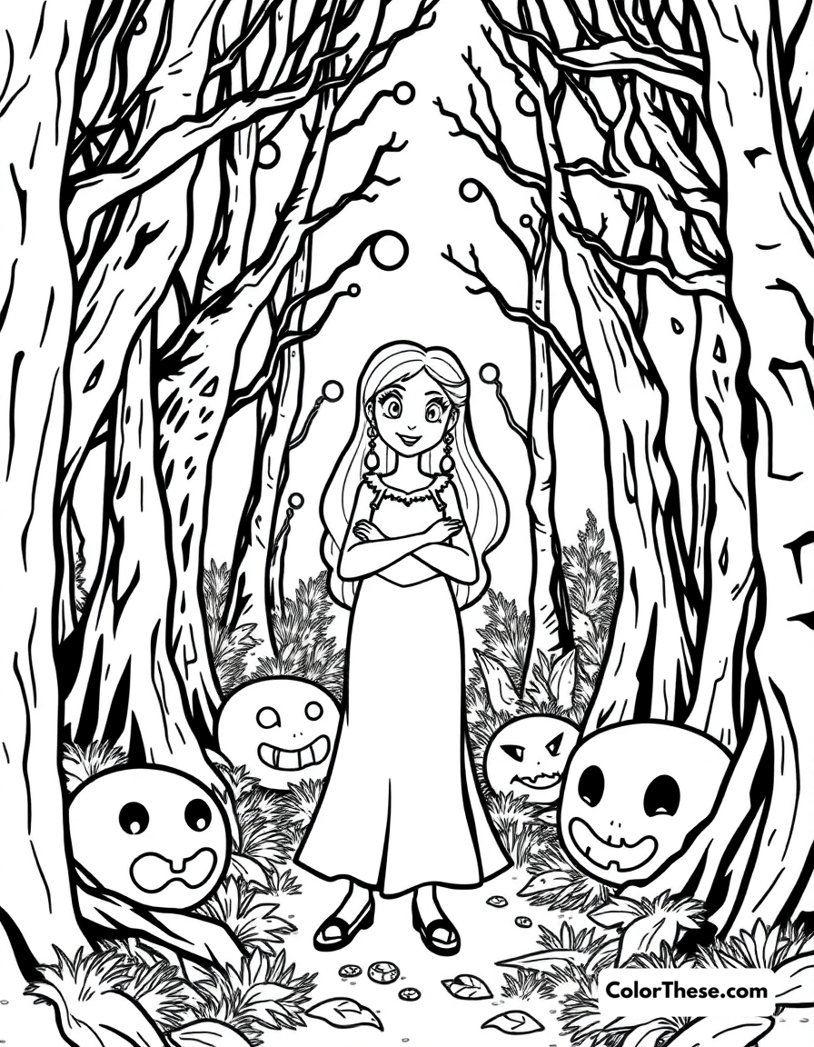 Free printable sally from the nightmare before christmas coloring page for kids and adults - A sally (disney) standing in a spooky forest.