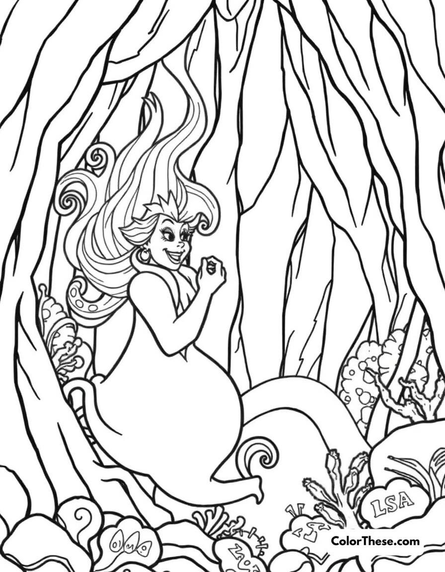 Free printable ursula the sea witch coloring page for kids and adults - A ursula (disney) the sea witch in her underwater lair.