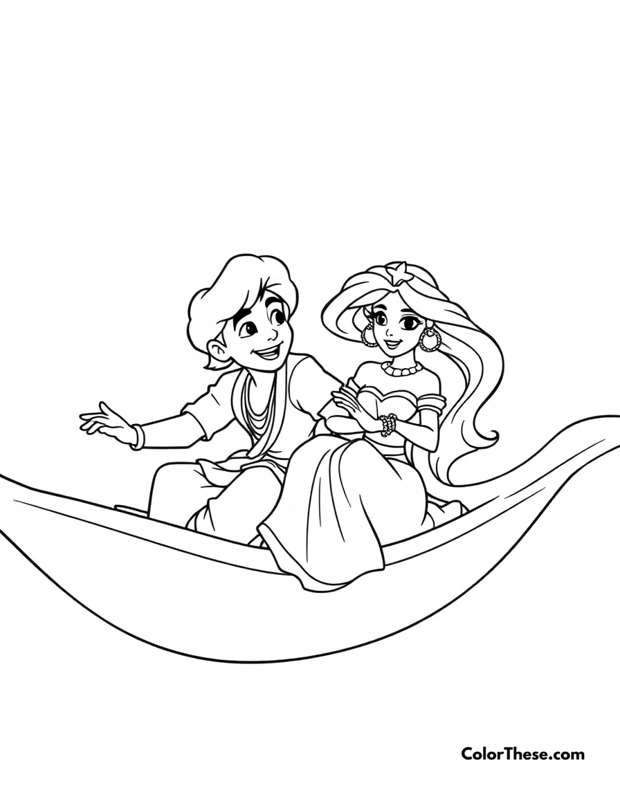 Free printable aladdin's magic carpet coloring page for kids and adults - A aladdin and jasmine sharing a magical carpet ride.