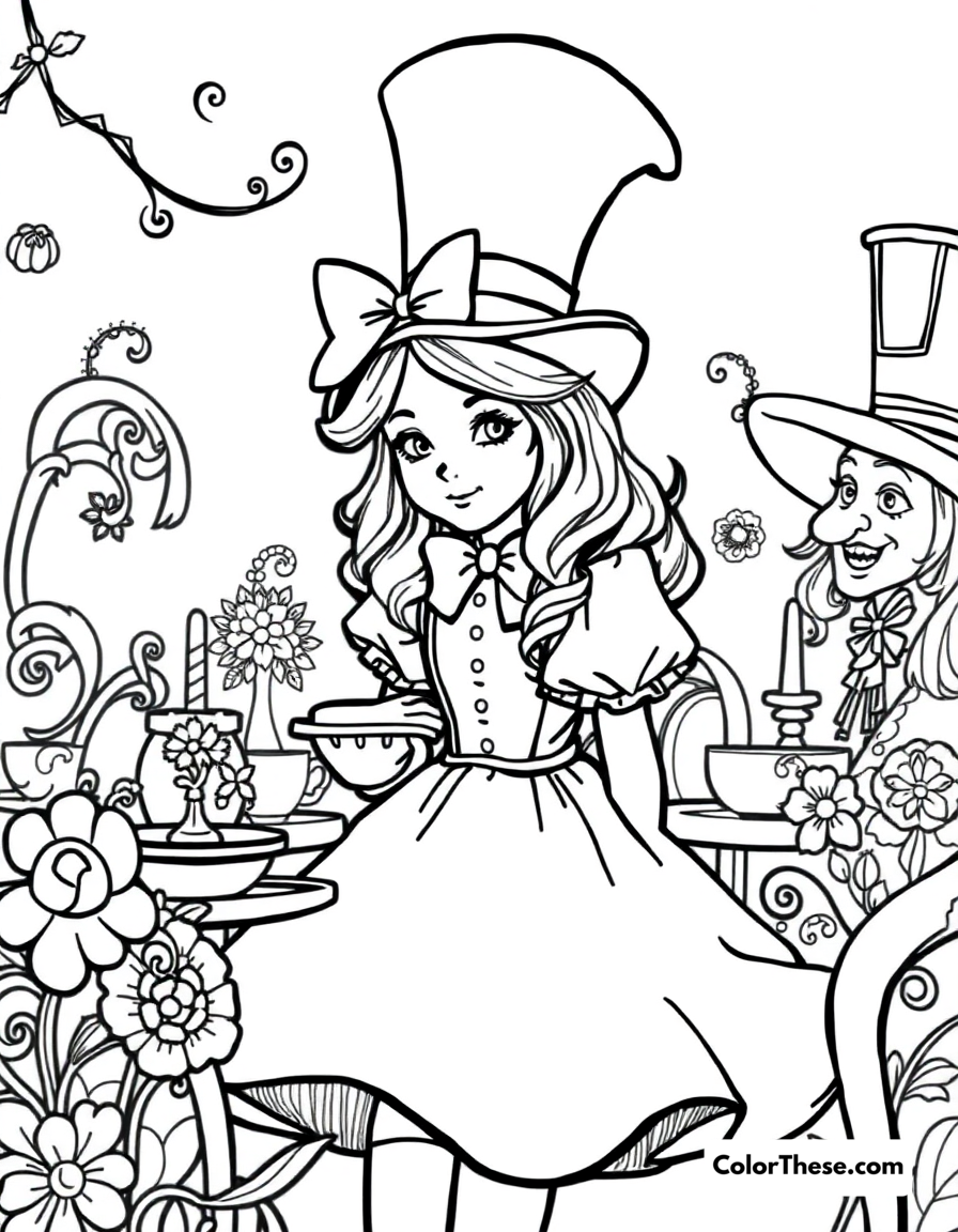 Free printable alice's tea party coloring page for kids and adults - A alice at the mad hatter's whimsical tea party.