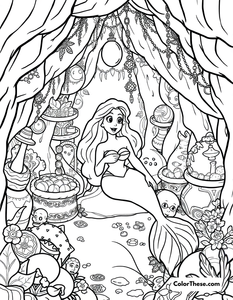 Free printable ariel's grotto coloring page for kids and adults - A ariel in her secret grotto filled with human treasures.