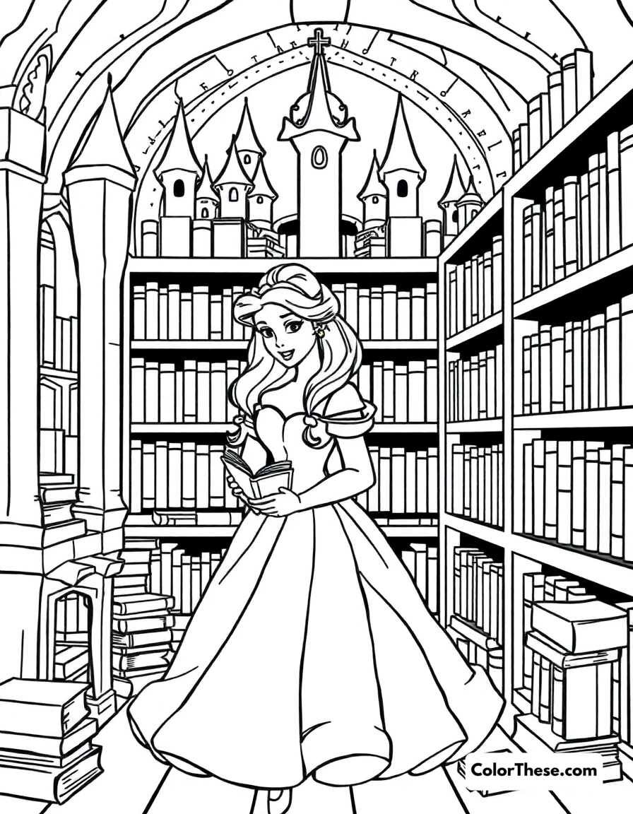 Free printable princess belle's library coloring page for kids and adults - A belle surrounded by her beloved books in the castle library.