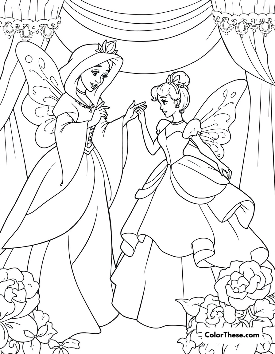 Free printable cinderella's transformation coloring page for kids and adults - A the fairy godmother transforming cinderella for the ball.